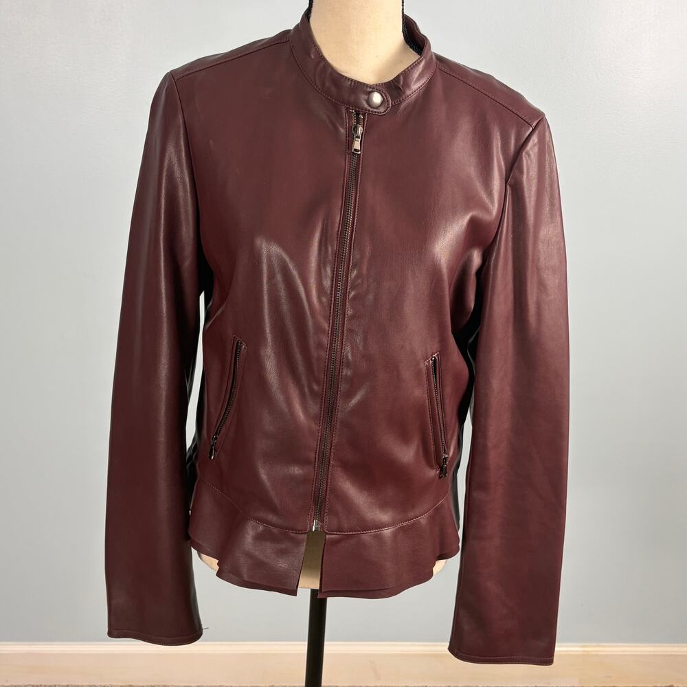 Burgundy Faux Leather Jacket 10 Oxblood Moto Chic dark academia Minimal preppy